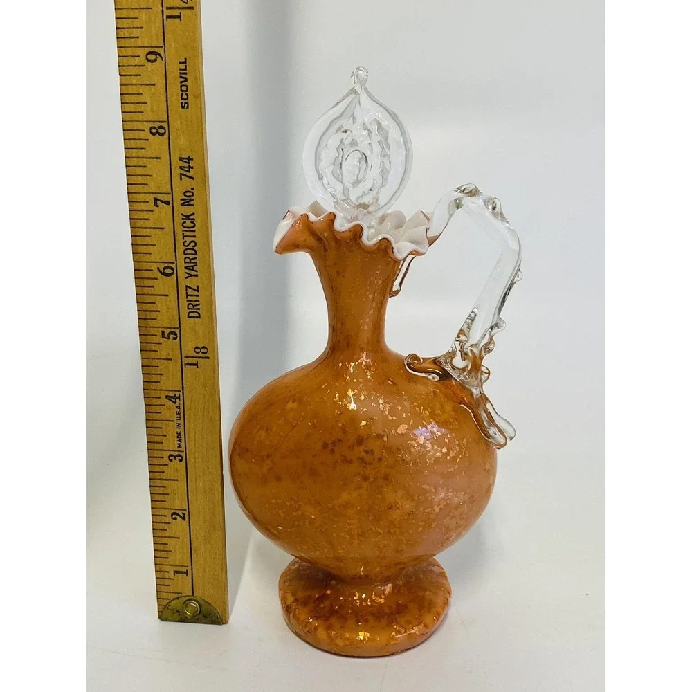 Vintage Orange Gold Aventurine Art Glass Decanter Murano‎ Style Ruffled Cruet